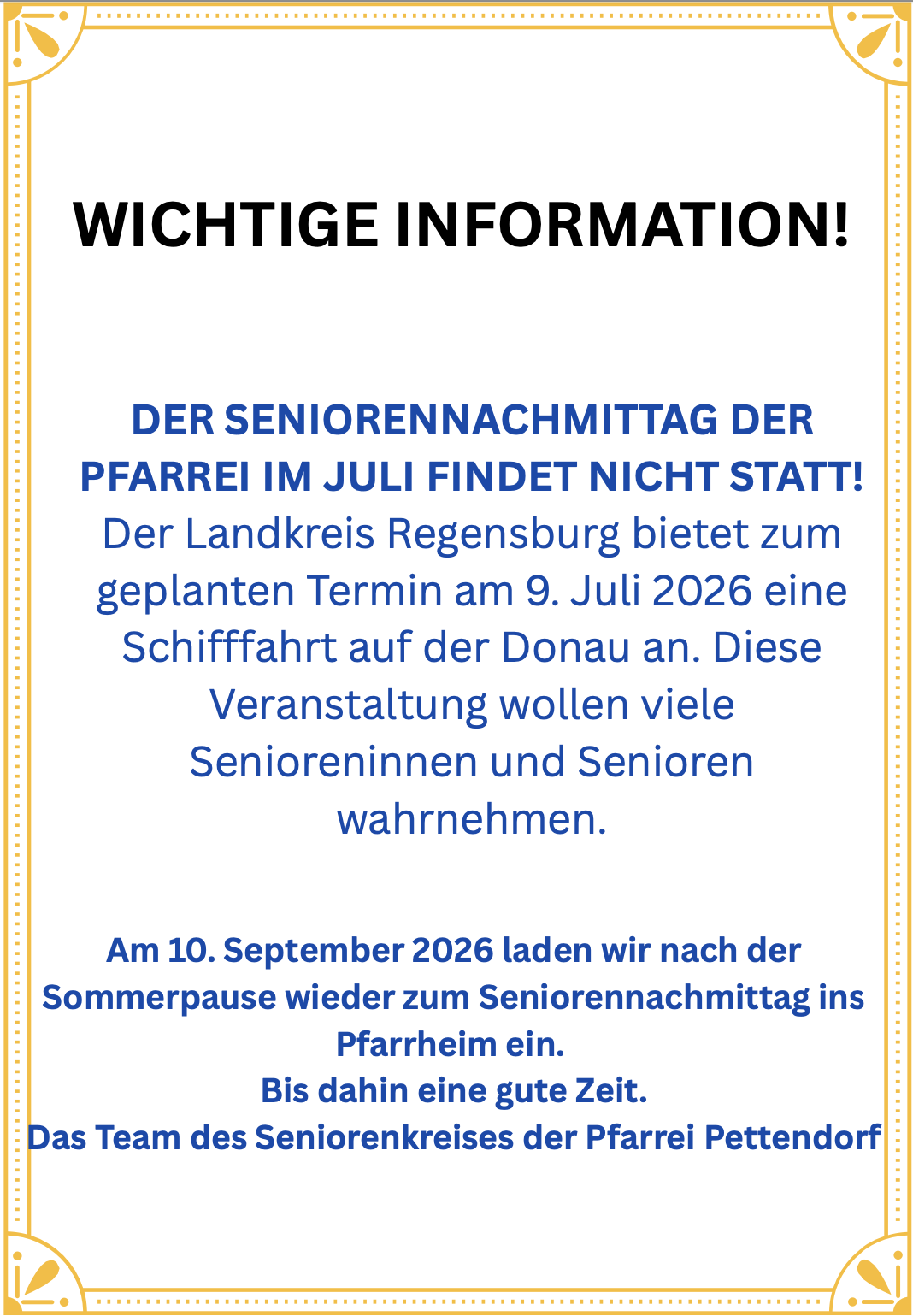 Wichtige Informationen zum Seniorennachmittag im Juli - entfällt
